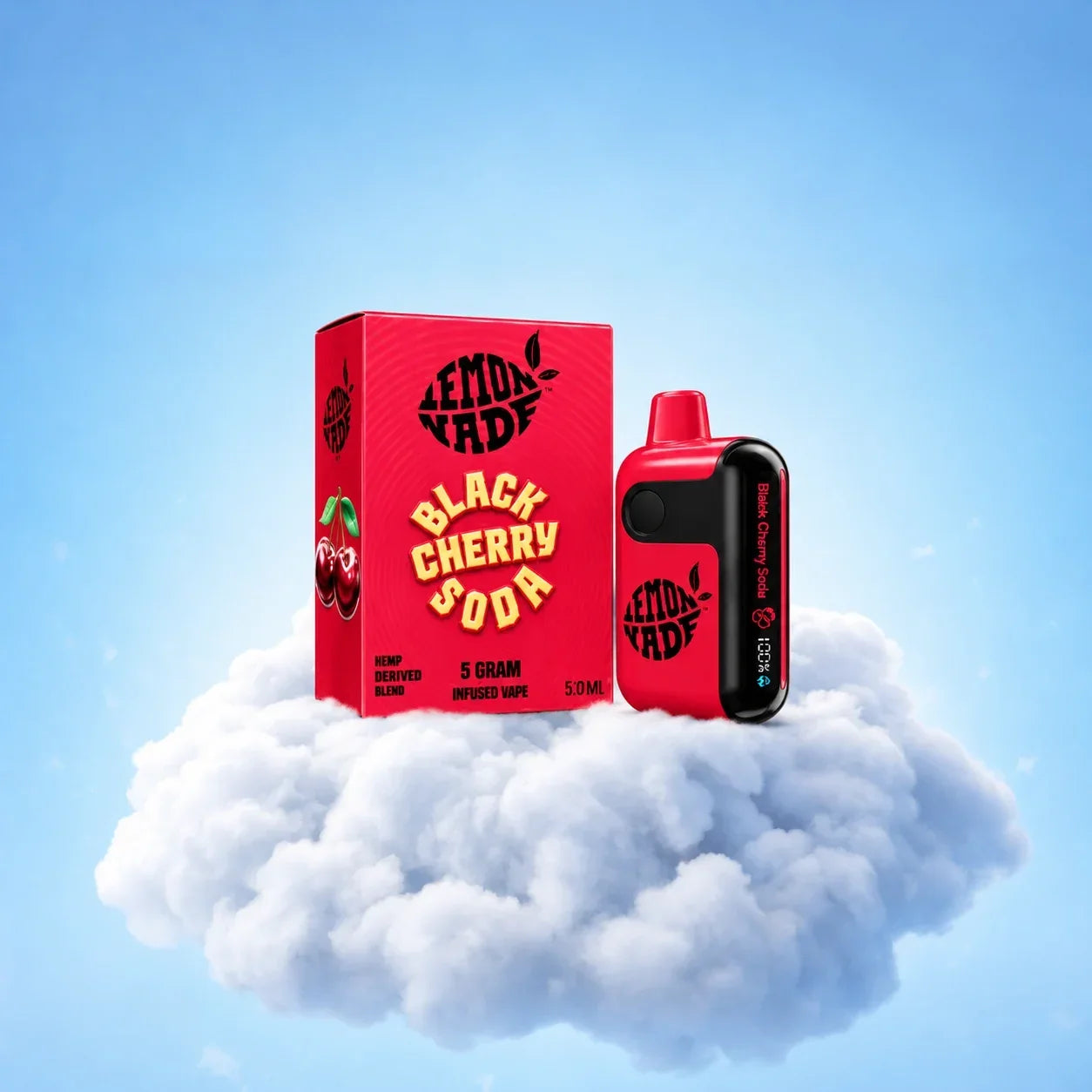 Lemonnade Black Cherry Soda — puff jetable 5 g CBD+ et son étui rouge