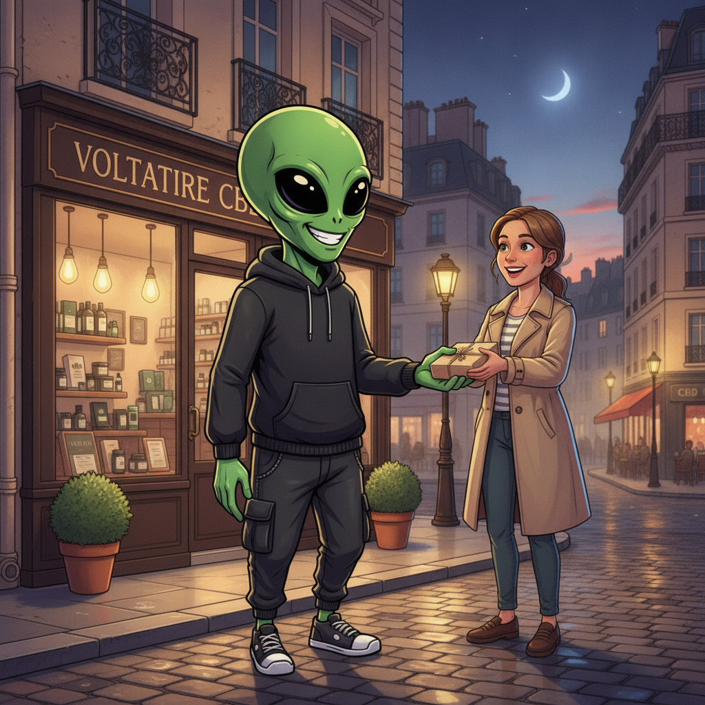Est-ce que le CBD est de la drogue ? Mascotte Space CBD devant la boutique du boulevard Voltaire, Paris 11e