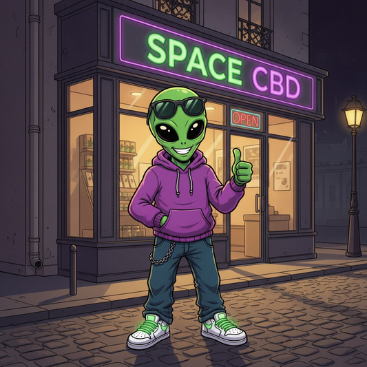 Boutique CBD ouverte tard le soir à Paris 11e — mascotte Space CBD devant la devanture, illustration cartoon