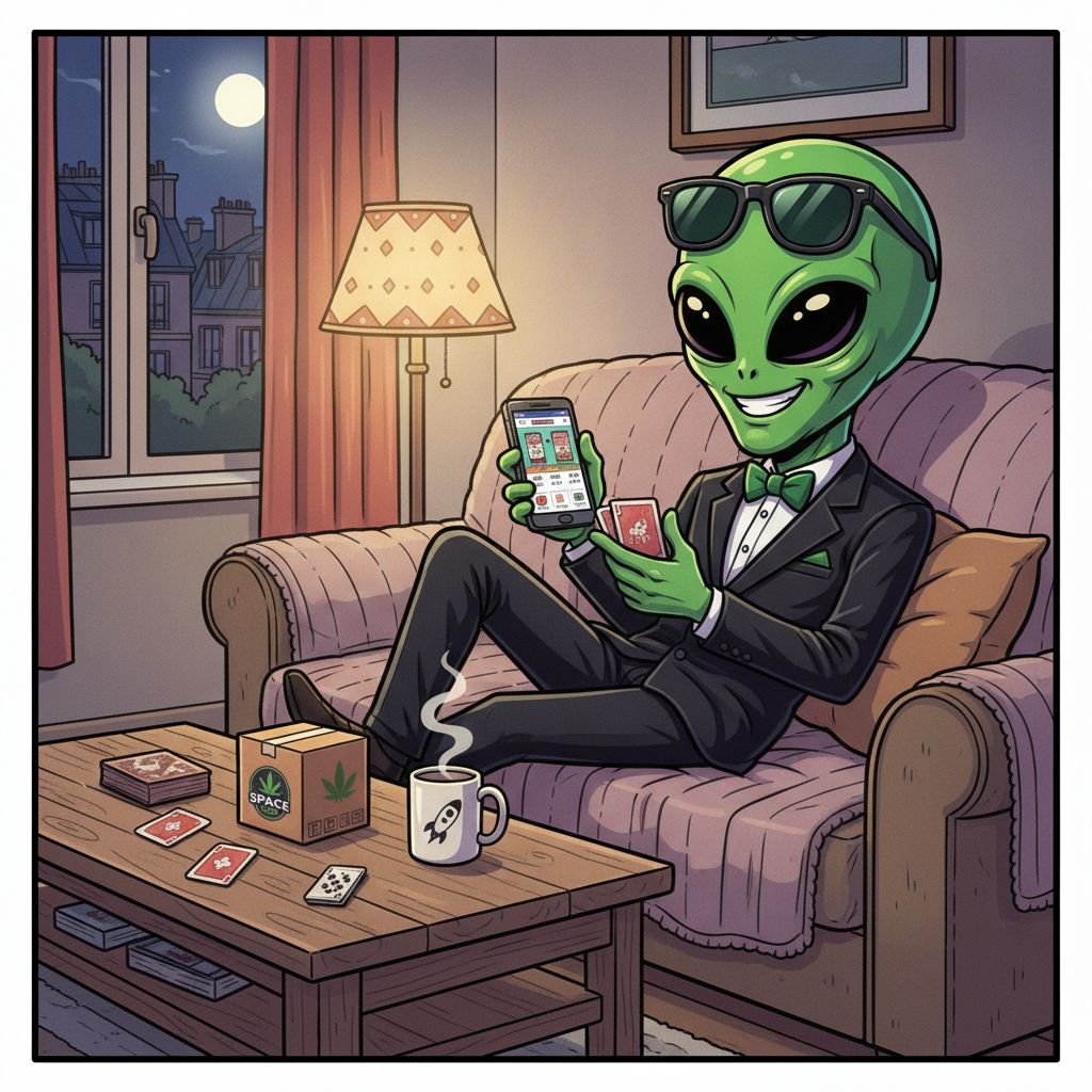 Commander du CBD en ligne le soir depuis son canapé sur spacecbdfrance.com — illustration cartoon Space CBD