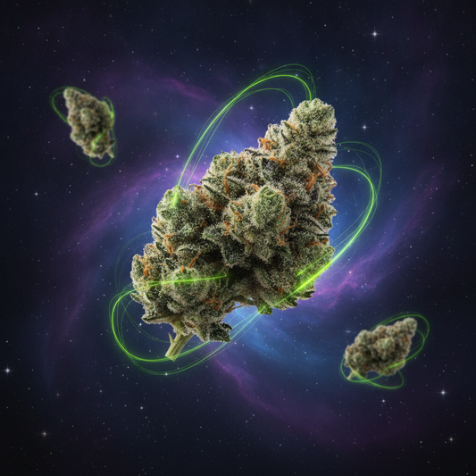 Fleurs CBD+ Space CBD flottant dans l'espace cosmique avec orbites néon vertes