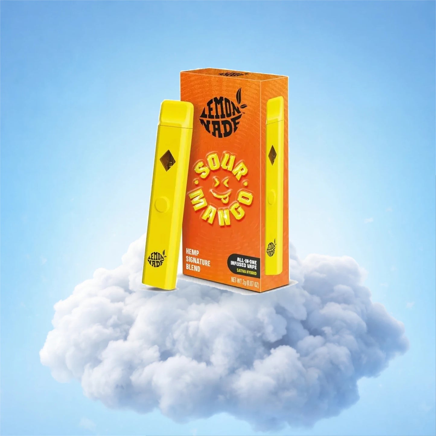Lemonnade Sour Mango — puff jetable all-in-one 2 g et son étui orange, sur fond de nuage