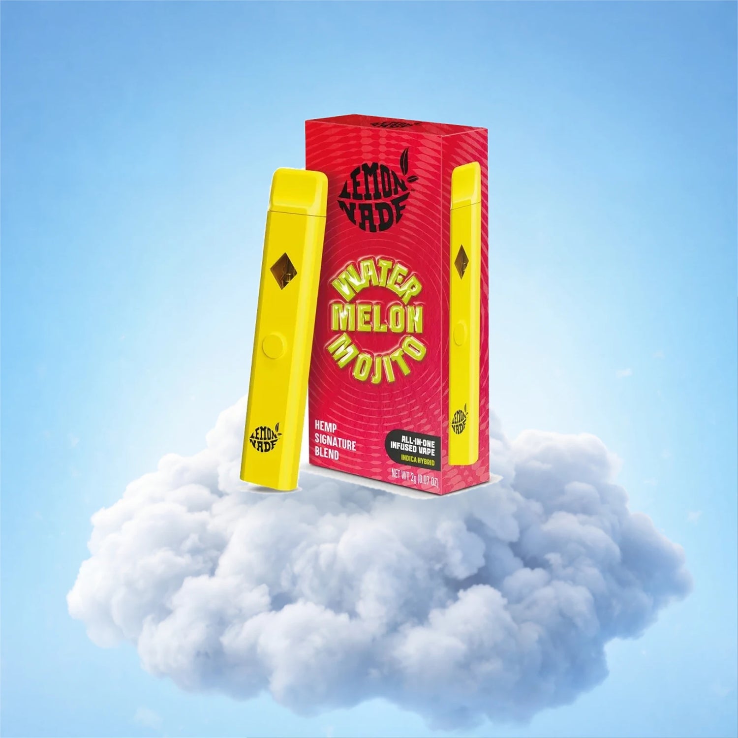 Lemonnade Watermelon Mojito — puff jetable all-in-one 2 g et son étui rouge, sur fond de nuage