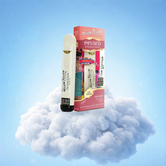 Mellow Fellow Las Vegas Jillybean — puff jetable 2 ML et son étui, sur fond de nuage