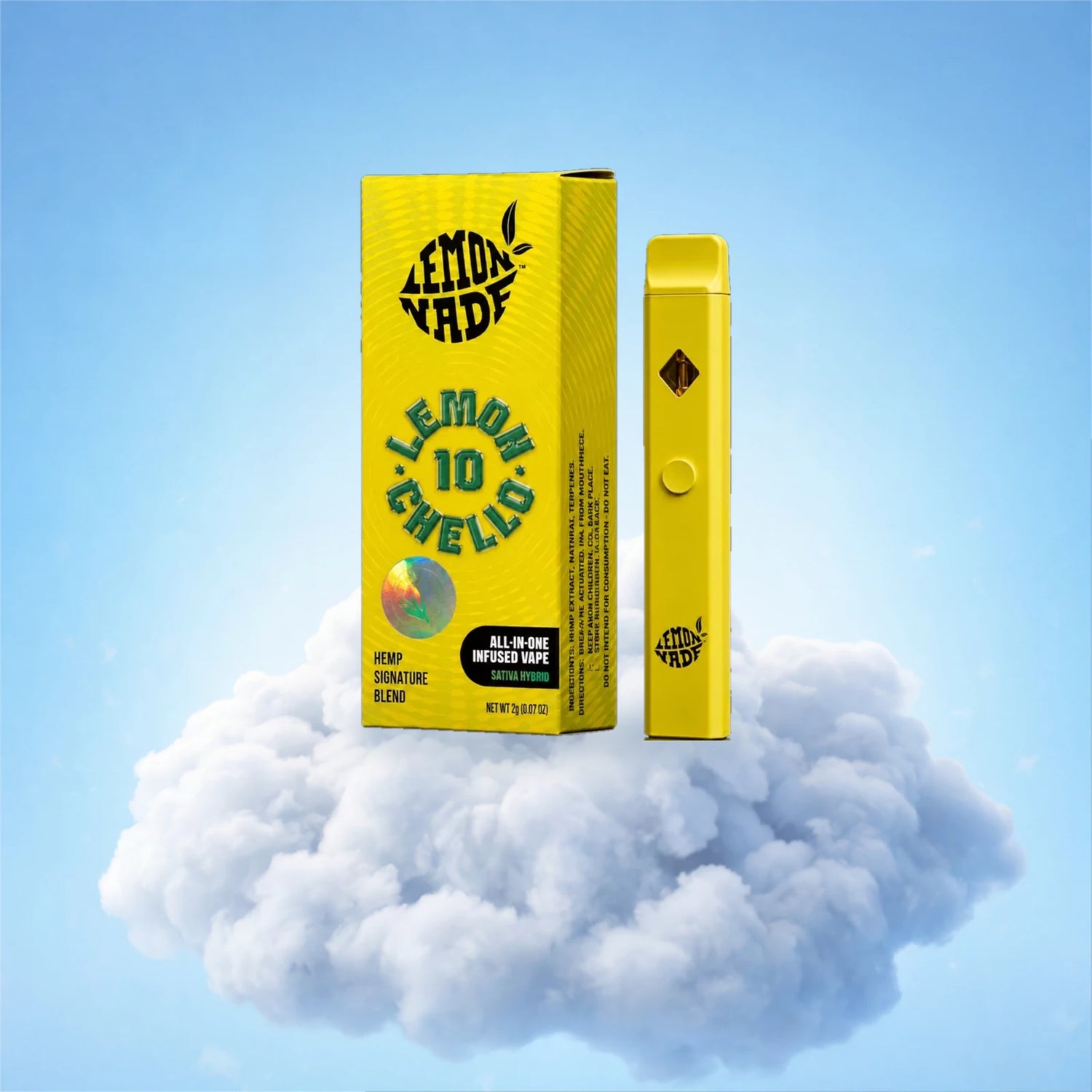 Lemonnade Lemon 10 Chello — puff jetable all-in-one 2 g et son étui jaune, sur fond de nuage