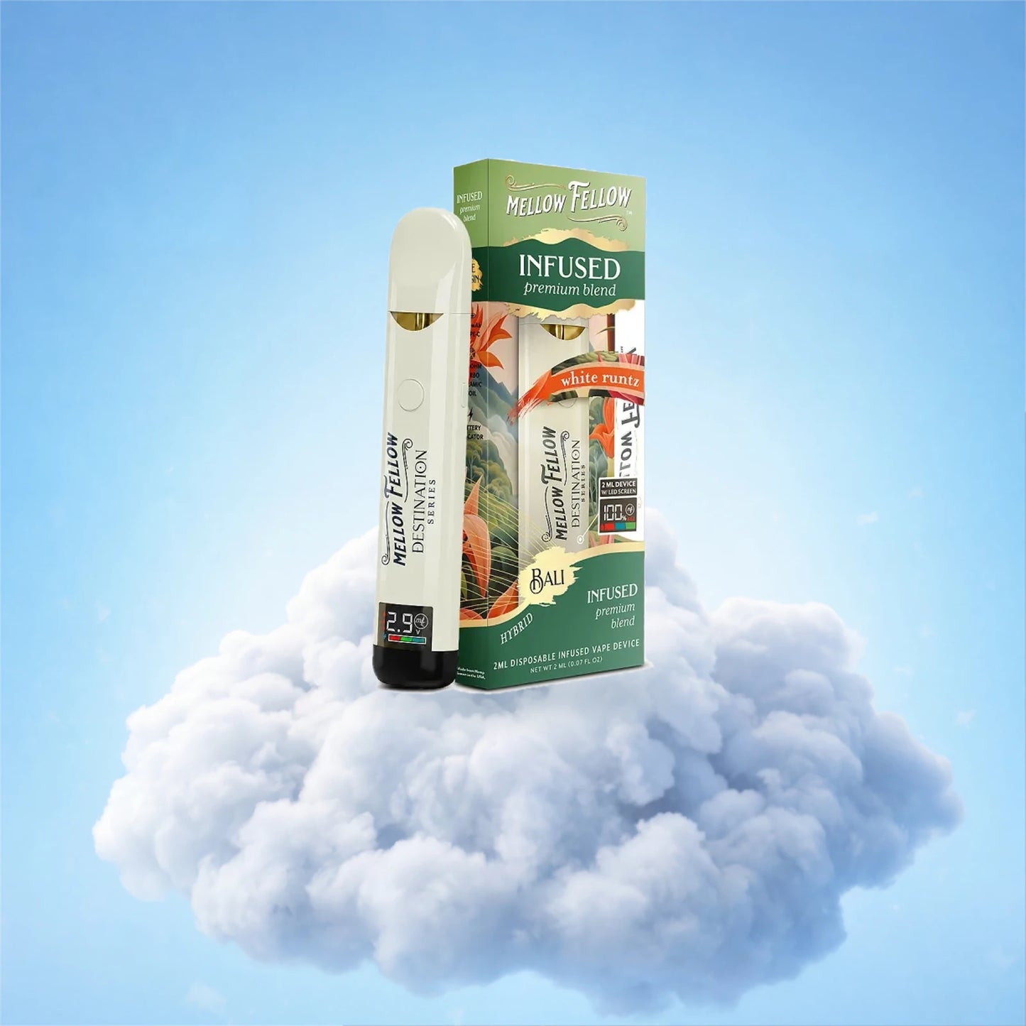 Mellow Fellow Bali White Runtz — puff jetable 2 ML et son étui, sur fond de nuage