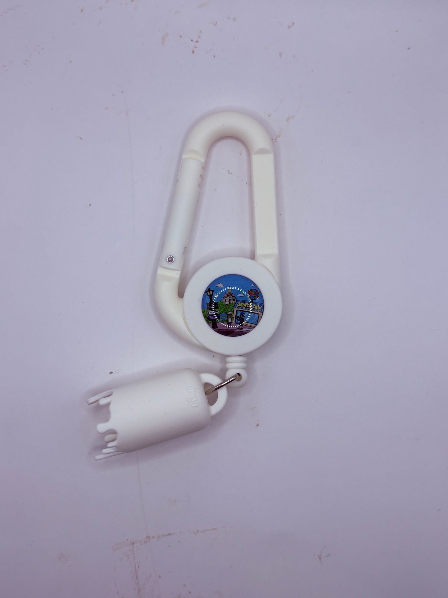 Laisse à briquet rétractable Space CBD blanche, mousqueton et pièce en silicone