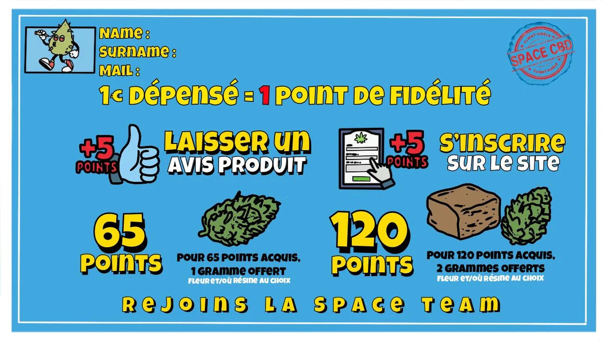 Programme de fidélité Space CBD : 1€ dépensé = 1 point de fidélité. Rejoignez la Space Team, gagnez des points supplémentaires (inscription, avis produit) et échangez-les contre des grammes de fleurs ou de résine CBD offerts (65 points = 1g, 120 points = 2g).