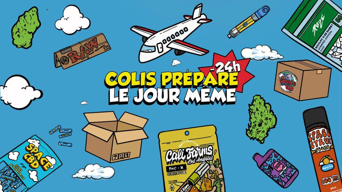 Bannière Space CBD garantissant une expédition rapide : "Colis préparé le jour même -24h", illustrée avec des cartons d'envoi et un assortiment d'accessoires et de produits CBD (fleurs, vapes, Cali Farms, Space Syrup).