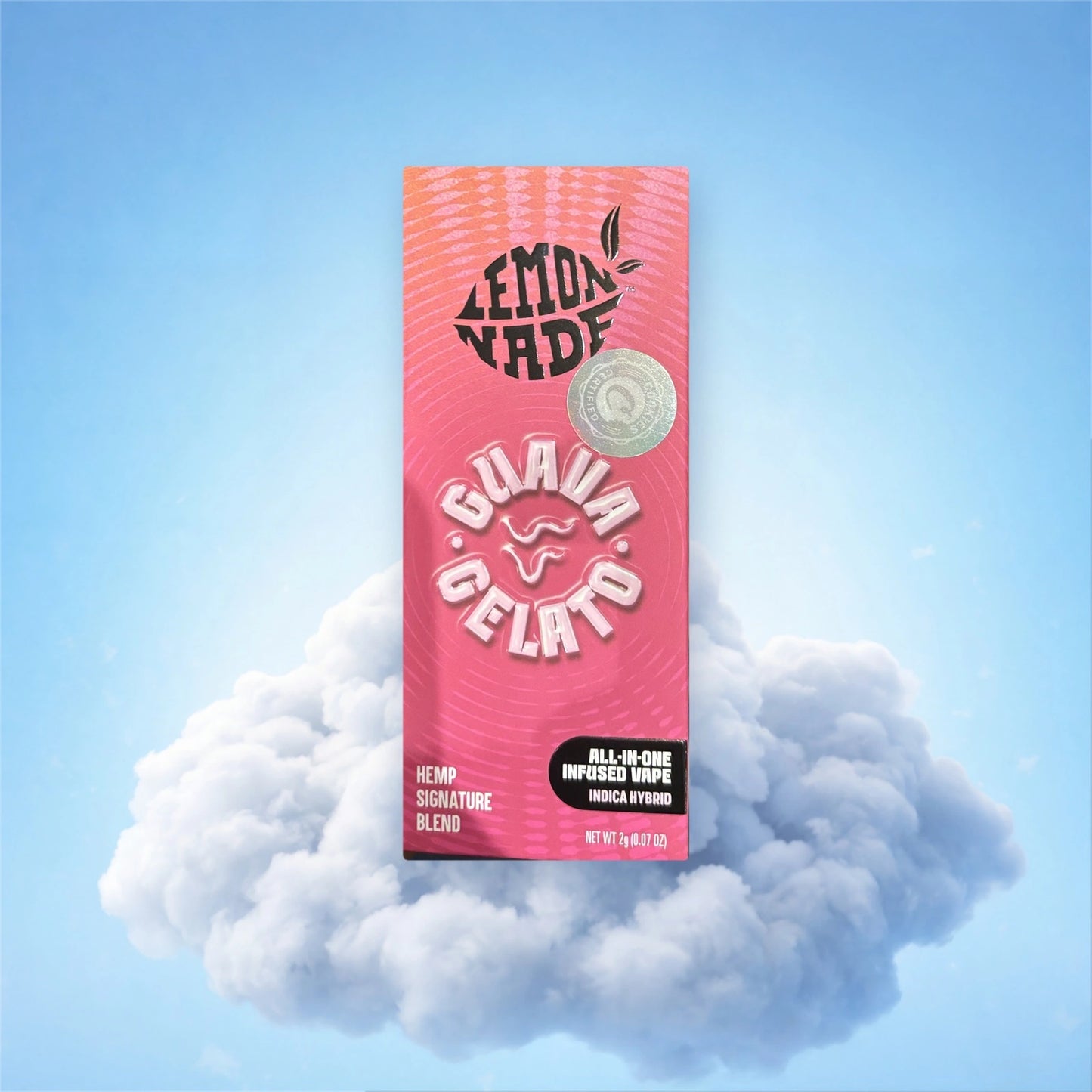 Lemonnade Guava Gelato — puff jetable all-in-one 2 g, étui rose sur fond de nuage