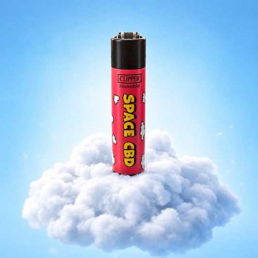 Clipper Space CBD rose, logo jaune et nuages blancs