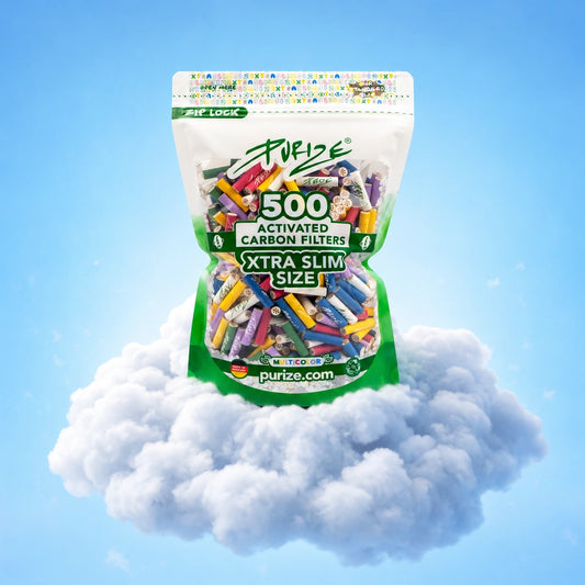 Sachet de 500 Filtres à charbon actif Xtra Slim, Purize — sur fond de nuage