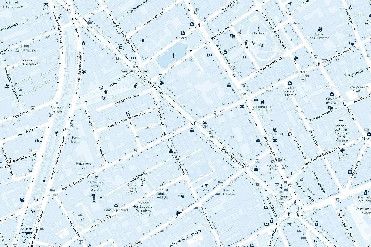 Plan du quartier autour du 100 boulevard Voltaire, Paris 11e : stations Saint-Ambroise, Richard-Lenoir et Voltaire