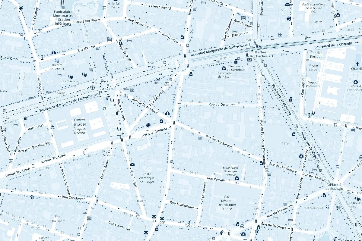 Plan du quartier autour du 76 rue Marguerite de Rochechouart, Paris 9e : stations Anvers et Barbès-Rochechouart, Pigalle à l'ouest